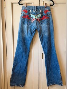 People for Peace  Love Butterfly  vintage embellished jeans. Size 26 Y2K rare.